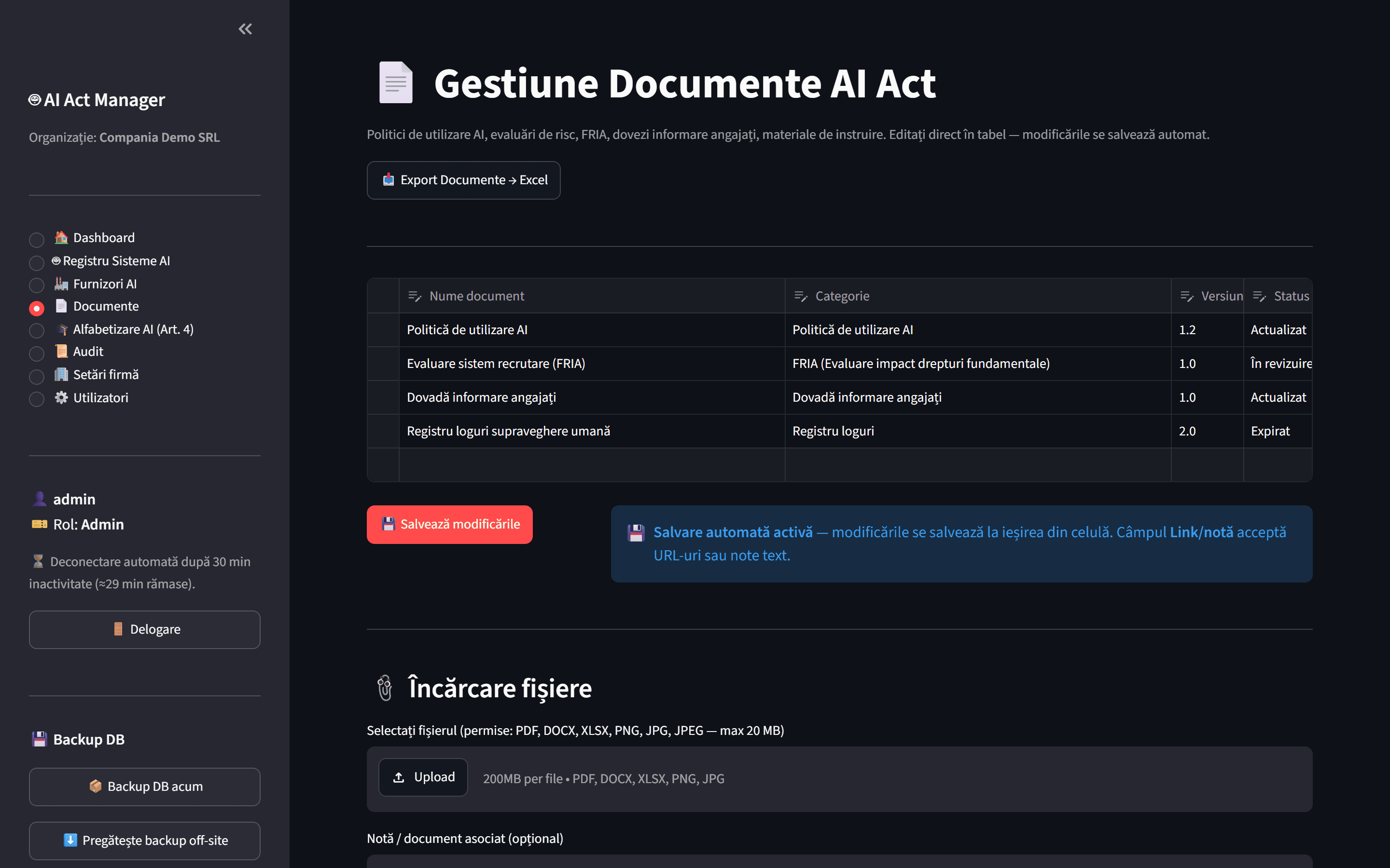 AI Act Manager — Evidenta documentelor