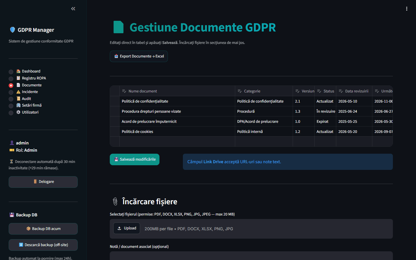 GDPR Manager — Evidenta documentelor