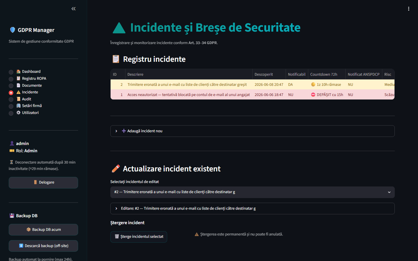 GDPR Manager — Jurnal de incidente