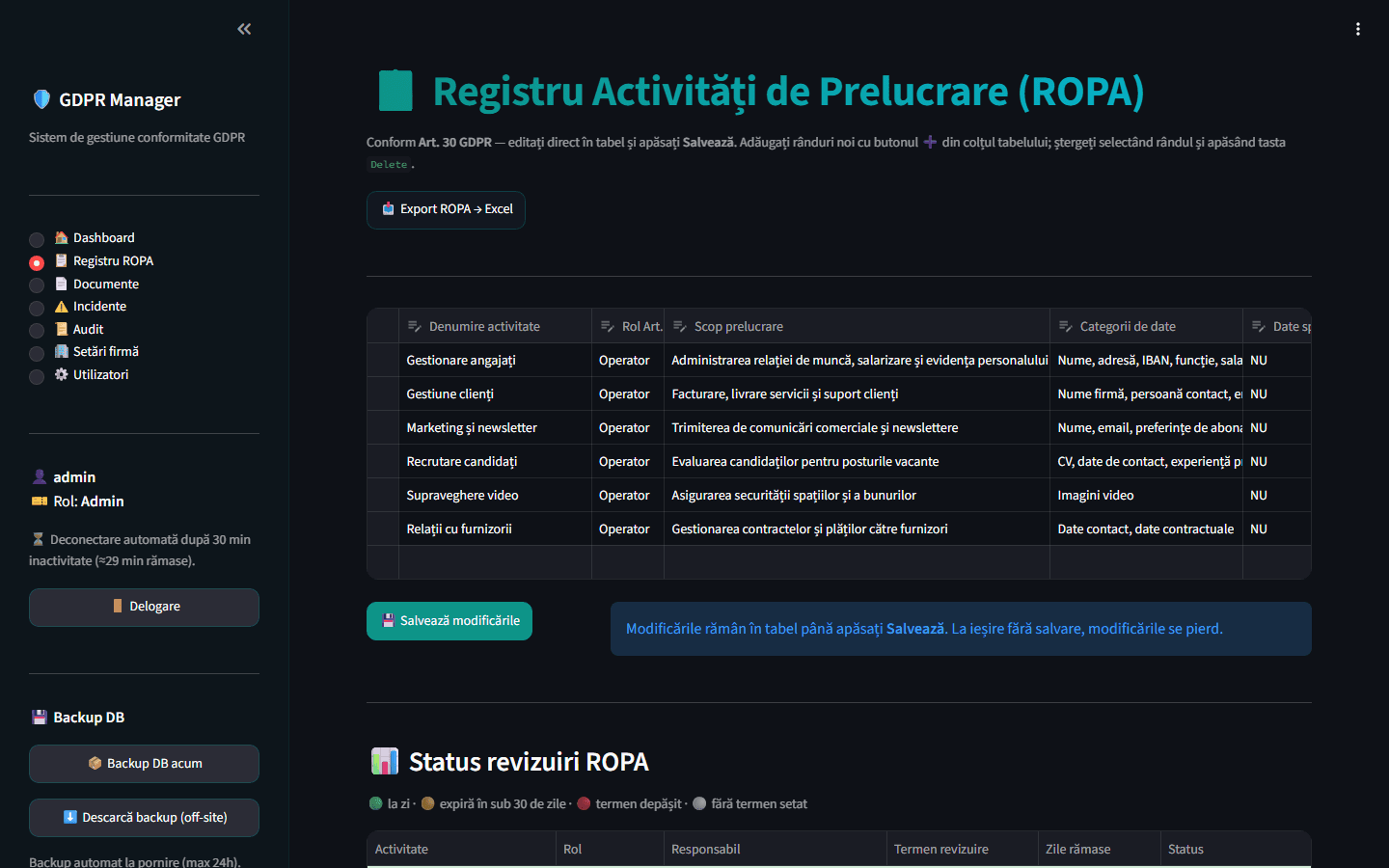 GDPR Manager — Registru ROPA complet
